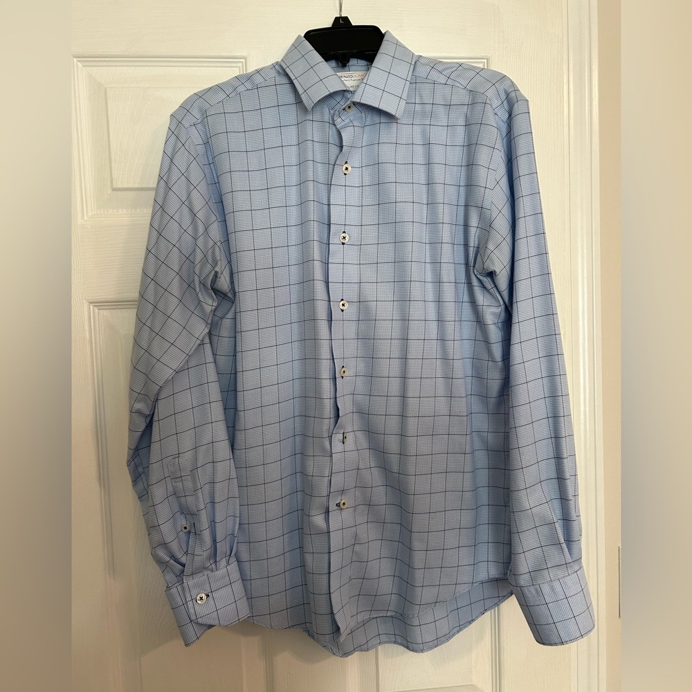 Lorenzo Uomo Oxford Windowpane Trim Fit Dress Shirt Light Blue 15.5 34/35